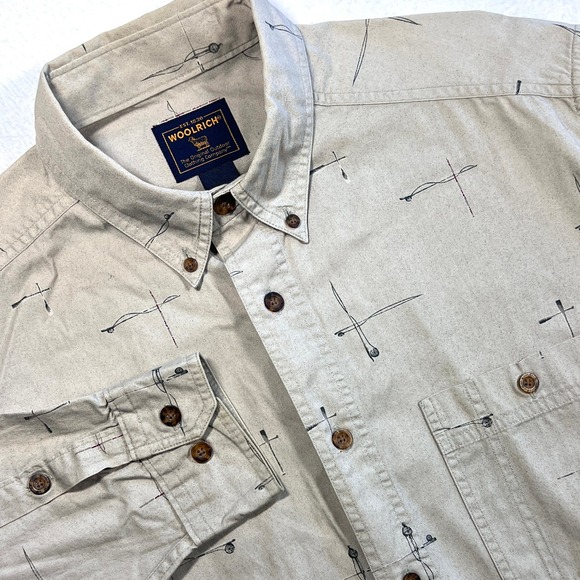 Woolrich Fishing Print Button Down Shirt XL Menswear Outdoor Casual Stylish Vtg - Picture 1 of 11